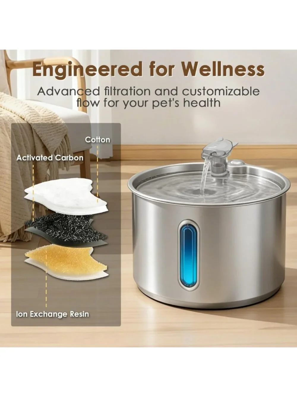 Automatic Stainless Steel Cat Water Fountain 74oz - Quiet Pet Dispenser with